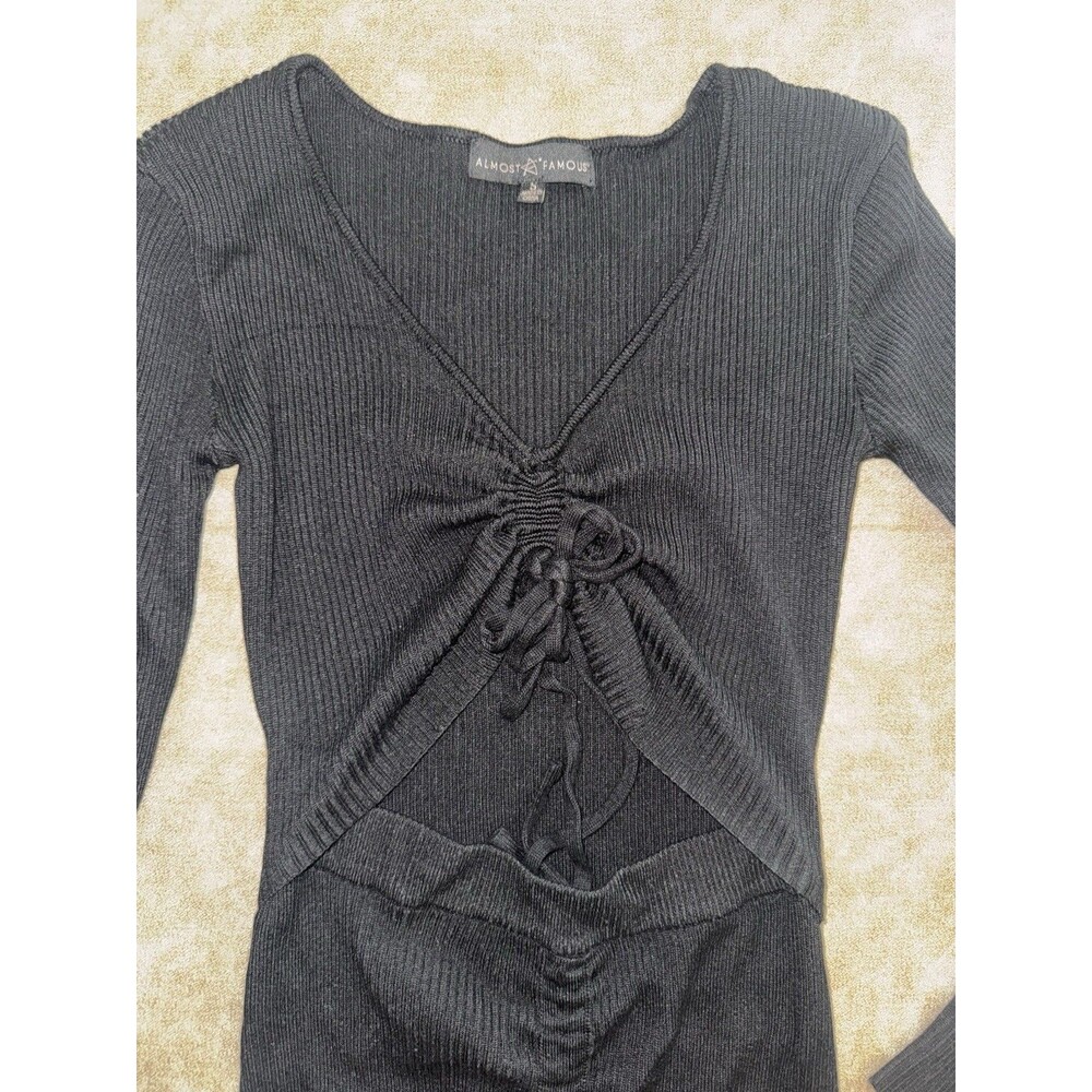 Almost Famous Dress Ribbed Knit Cutout Ruched Long Sleeve Black Size SMALL S